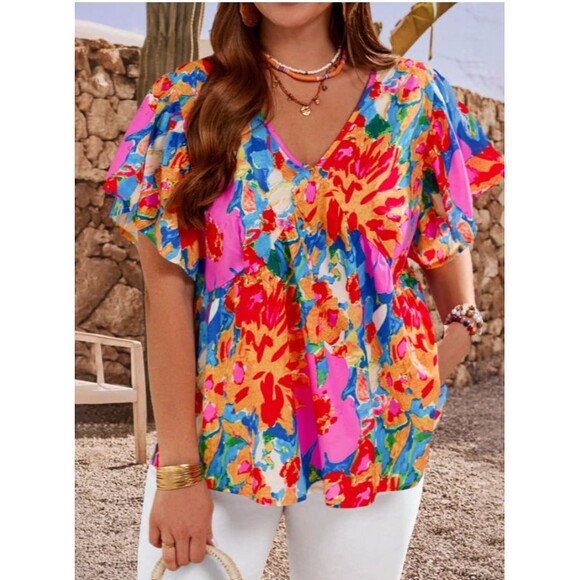 EMERY ROSE Plus Size Women Floral Print Tie Back Ruffle Short Sleeve Shirt, 0XL - Picture 5 of 9